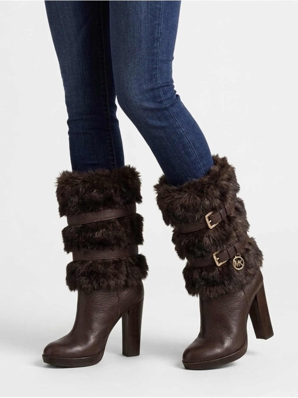 Michael Kors Carlie Boots Faux Fur Belted Dark Brown Size 7